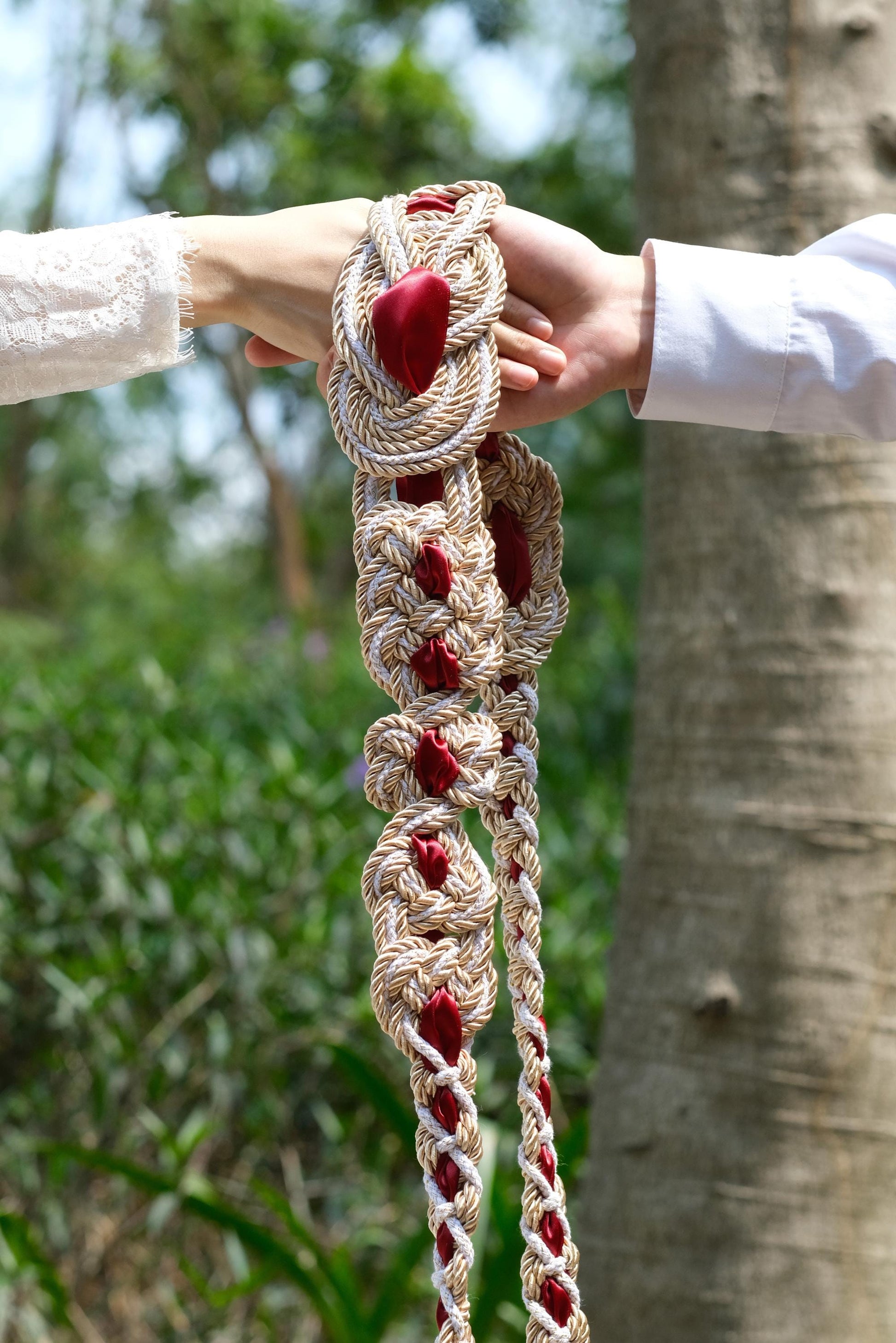 Pre-made Hand Braided Nine Knot Handfasting Cord with Champagne & White with Ruby Red