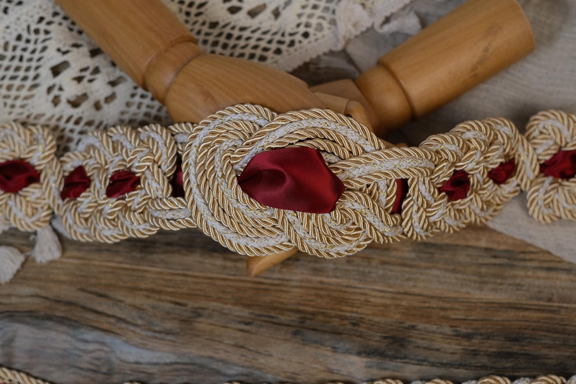 Pre-made Hand Braided Nine Knot Handfasting Cord with Champagne & White with Ruby Red