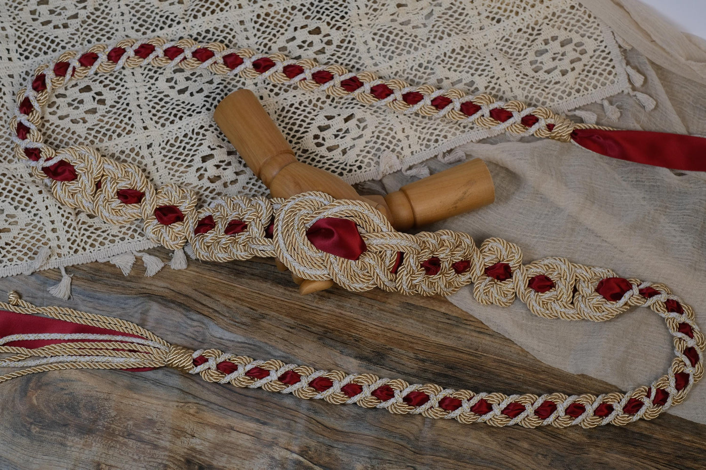 Pre-made Hand Braided Nine Knot Handfasting Cord with Champagne & White with Ruby Red