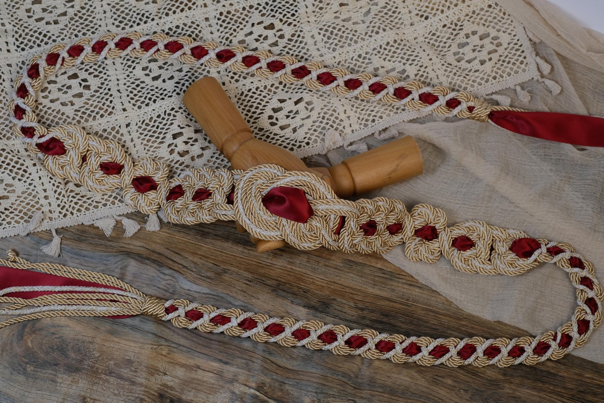 Pre-made Hand Braided Nine Knot Handfasting Cord with Champagne & White with Ruby Red