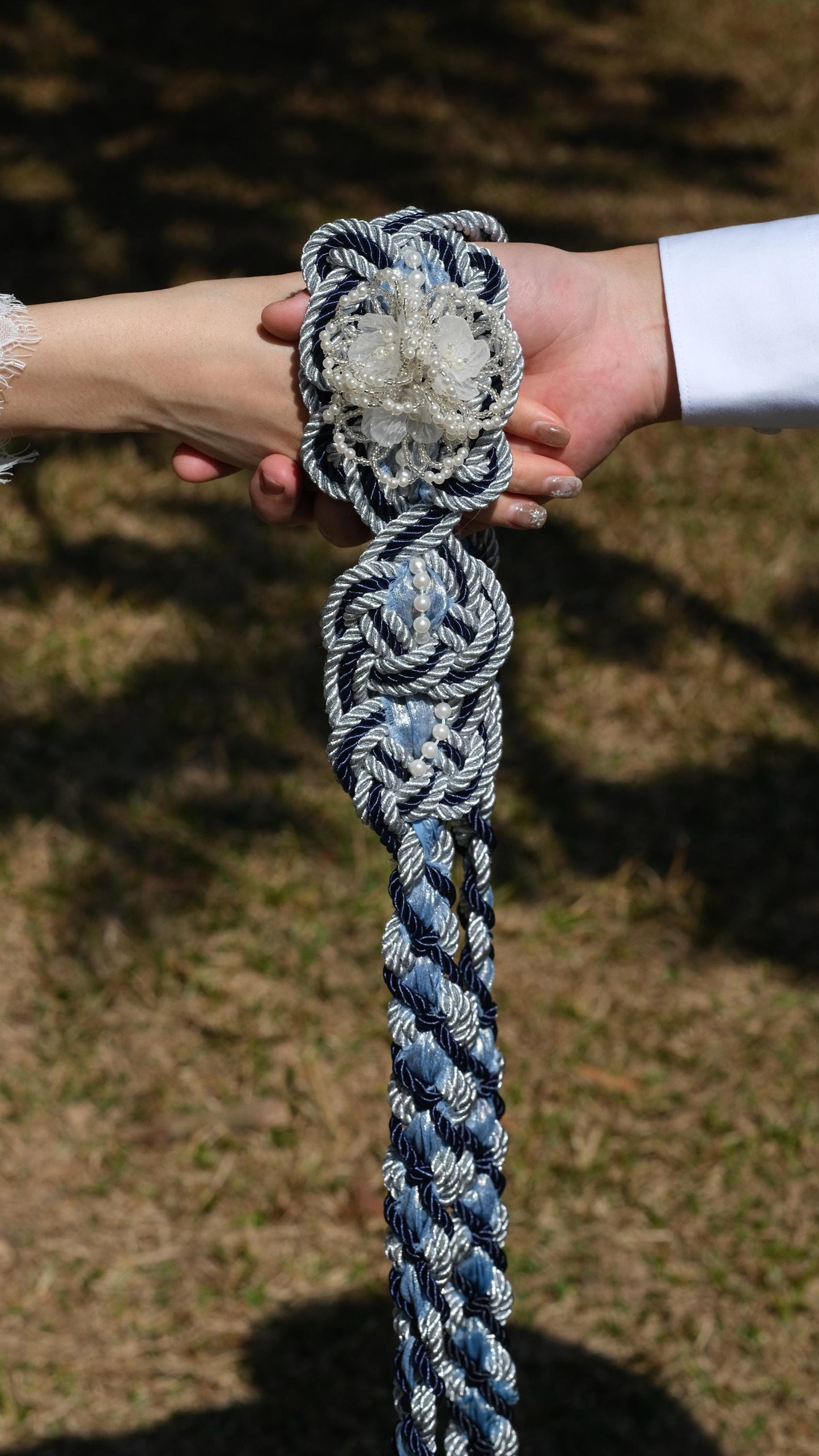 Custom Color Handfasting Cord – Hand-Beaded Pearl Flower, Shimmer Ribbon, Celtic Wedding Knot