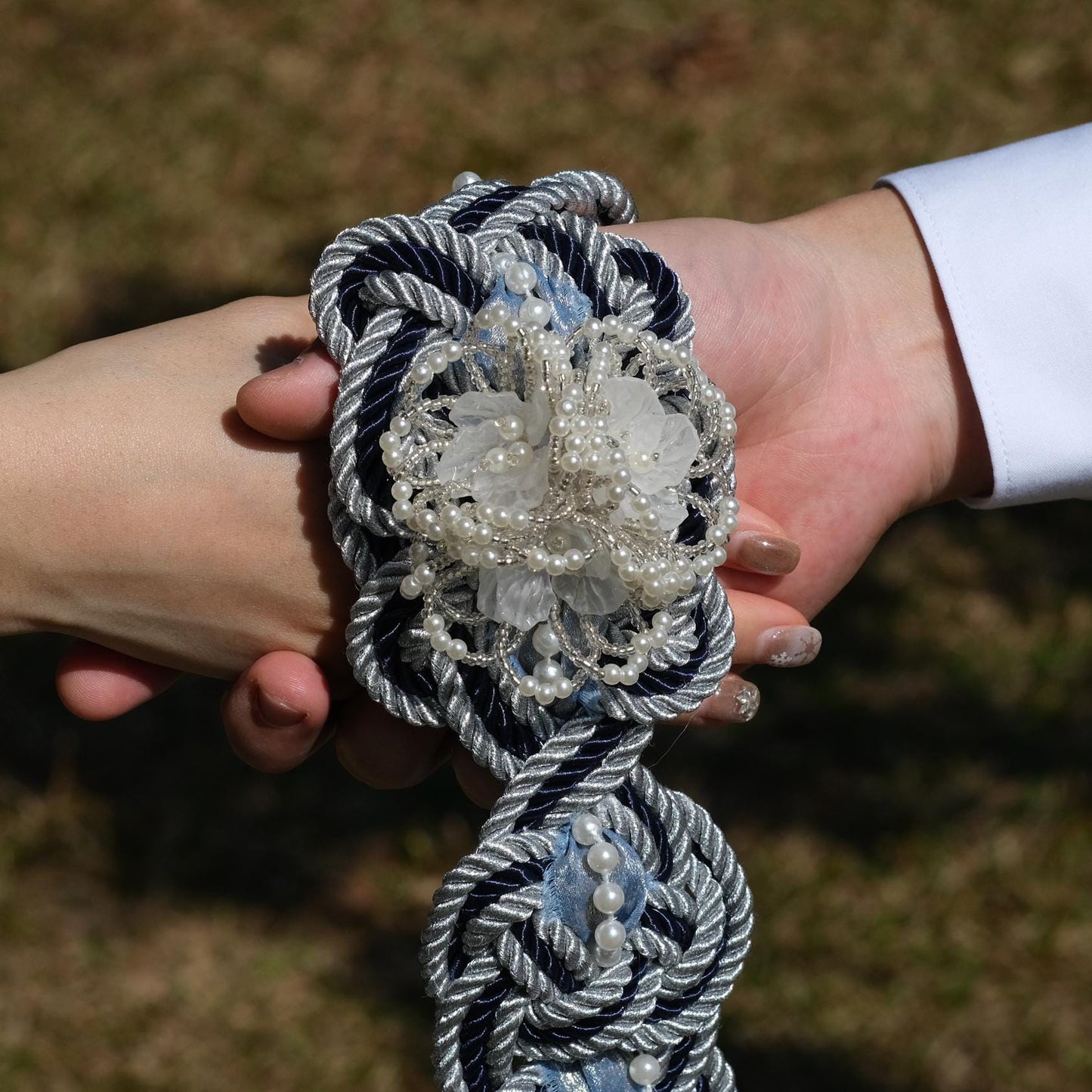 Custom Color Handfasting Cord – Hand-Beaded Pearl Flower, Shimmer Ribbon, Celtic Wedding Knot