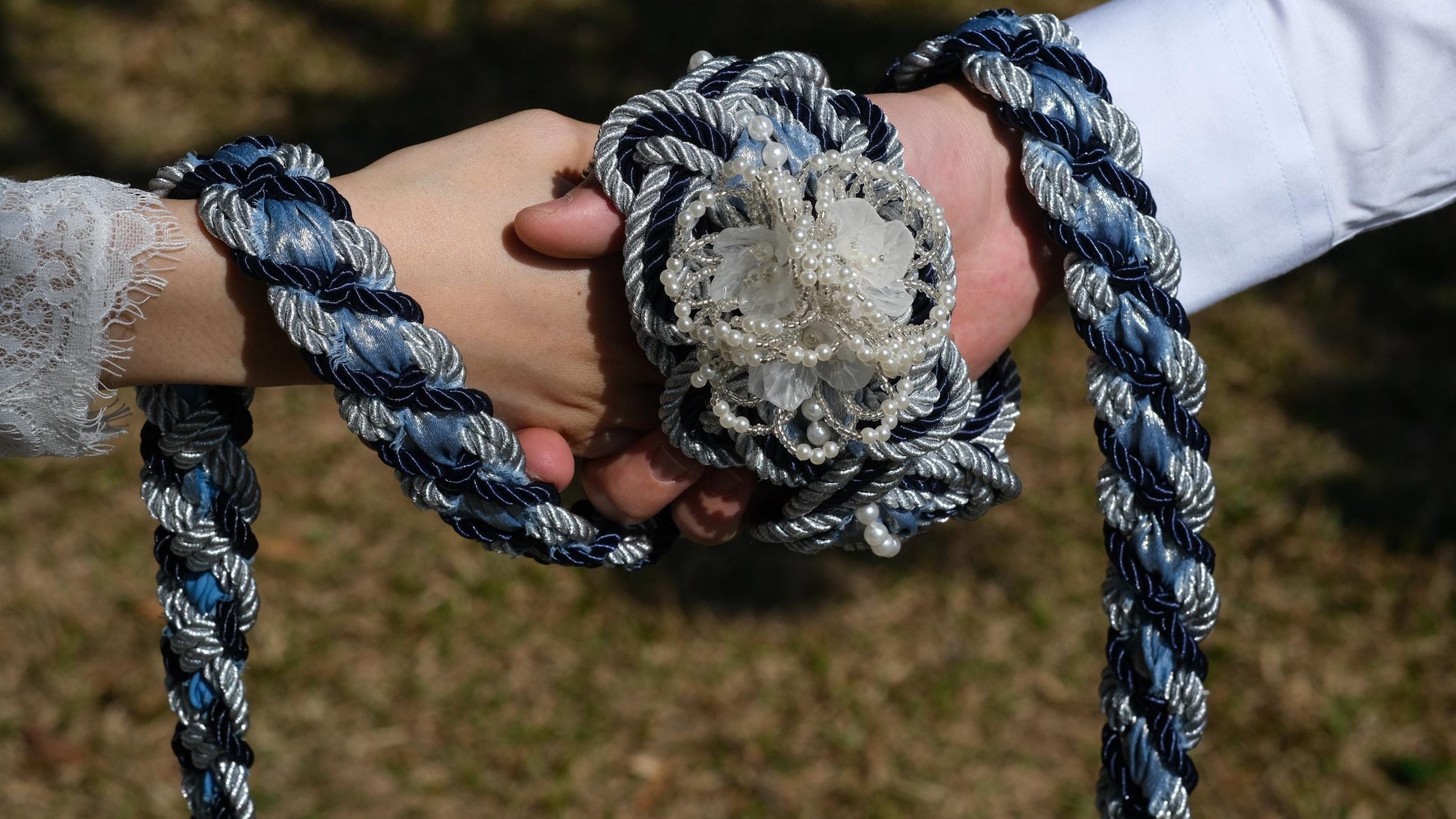 Custom Color Handfasting Cord – Hand-Beaded Pearl Flower, Shimmer Ribbon, Celtic Wedding Knot