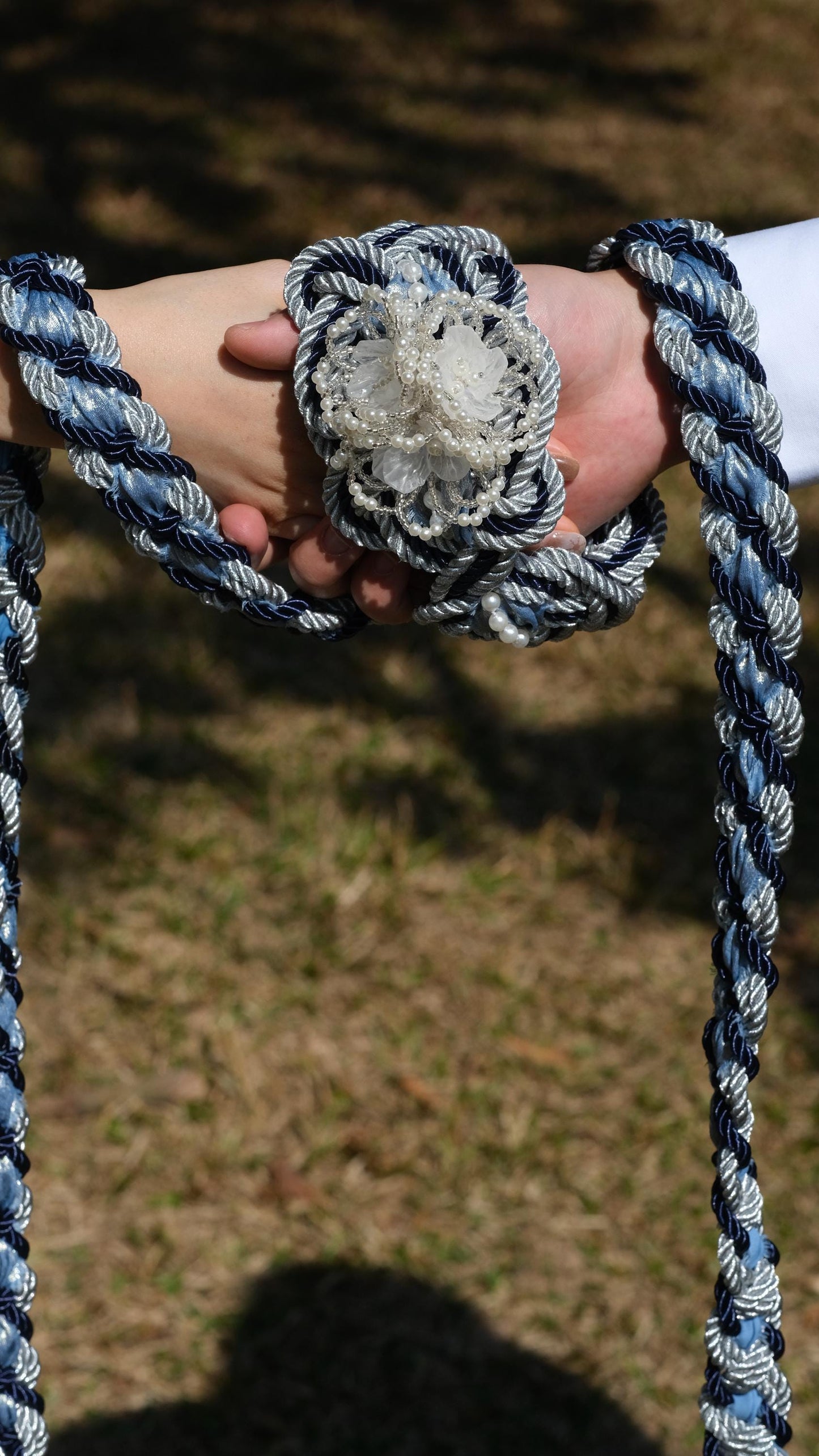 Custom Color Handfasting Cord – Hand-Beaded Pearl Flower, Shimmer Ribbon, Celtic Wedding Knot