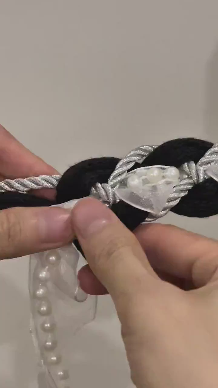 Custom braided Handfasting Cord: Black cord White Lace with Pearls Accents – Customizable Colors