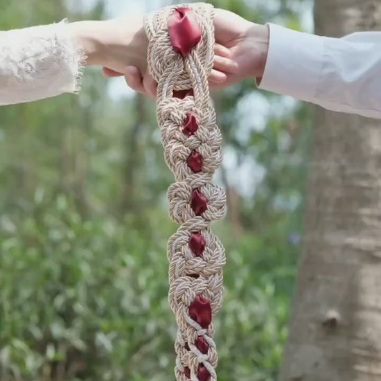 Pre-made Hand Braided Nine Knot Handfasting Cord with Champagne & White with Ruby Red