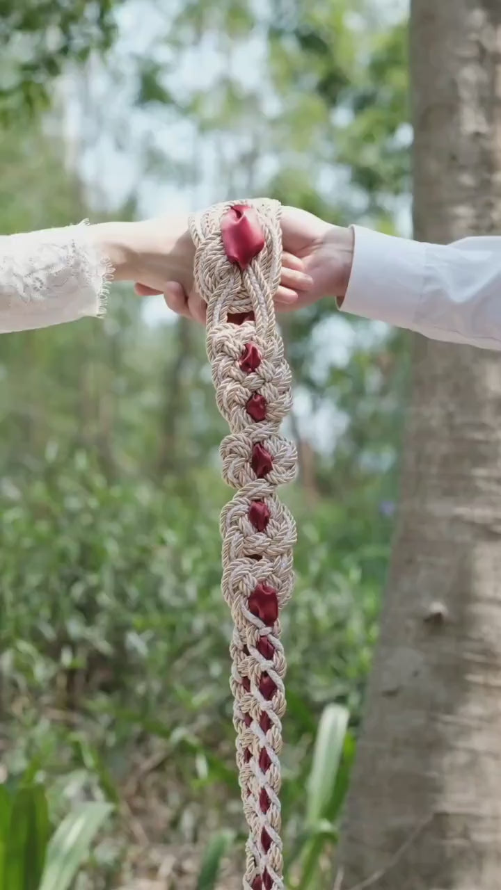 Pre-made Hand Braided Nine Knot Handfasting Cord with Champagne & White with Ruby Red
