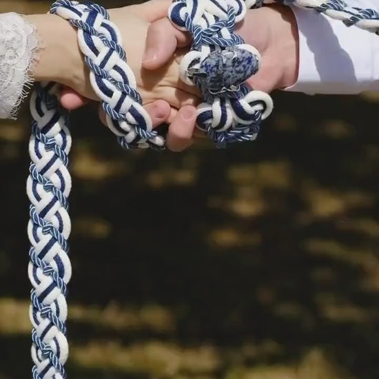 Custom Braided Handfasting Cord, Navy Blue Ivory Celtic Wedding Knot, Natural Stone Accent