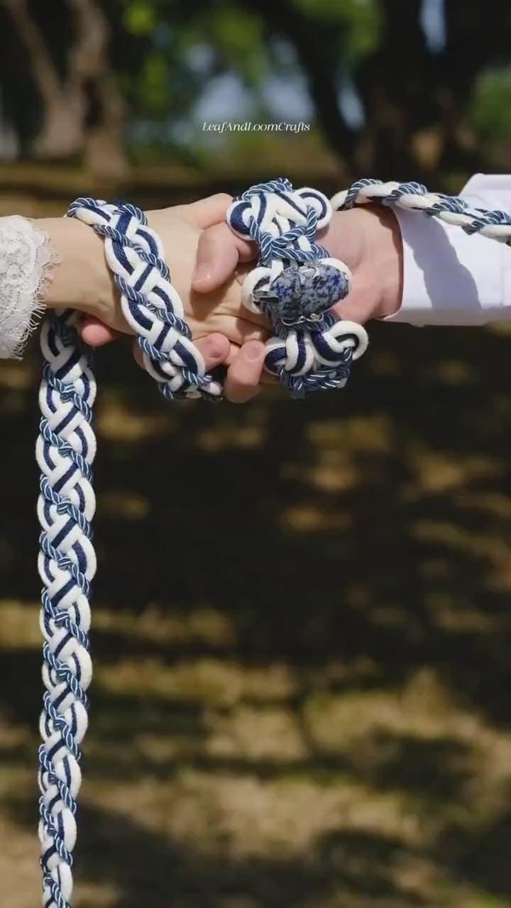 Custom Braided Handfasting Cord, Navy Blue Ivory Celtic Wedding Knot, Natural Stone Accent