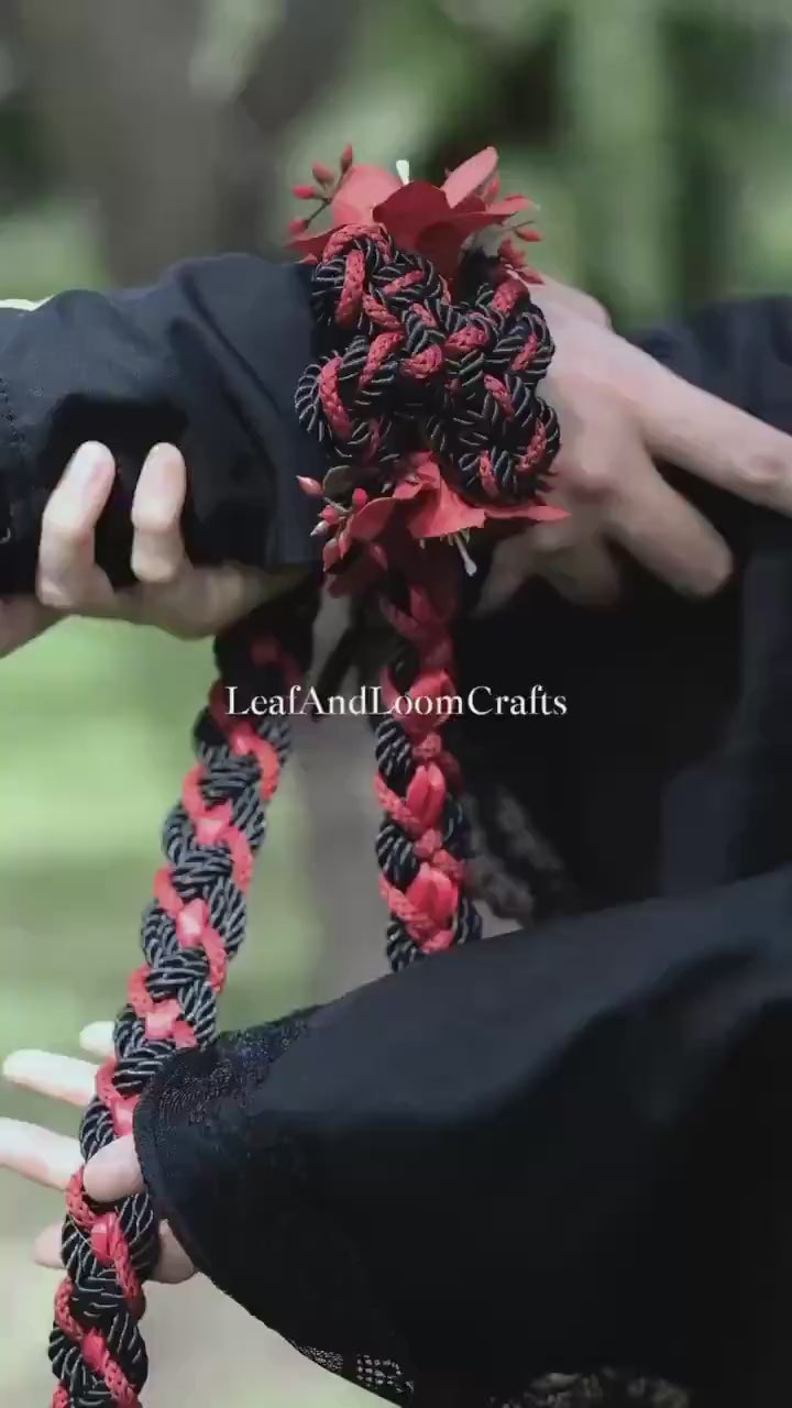Custom braided Handfasting Cord, Black & Red with Lily, Celtic Love Knot – Customizable Colors