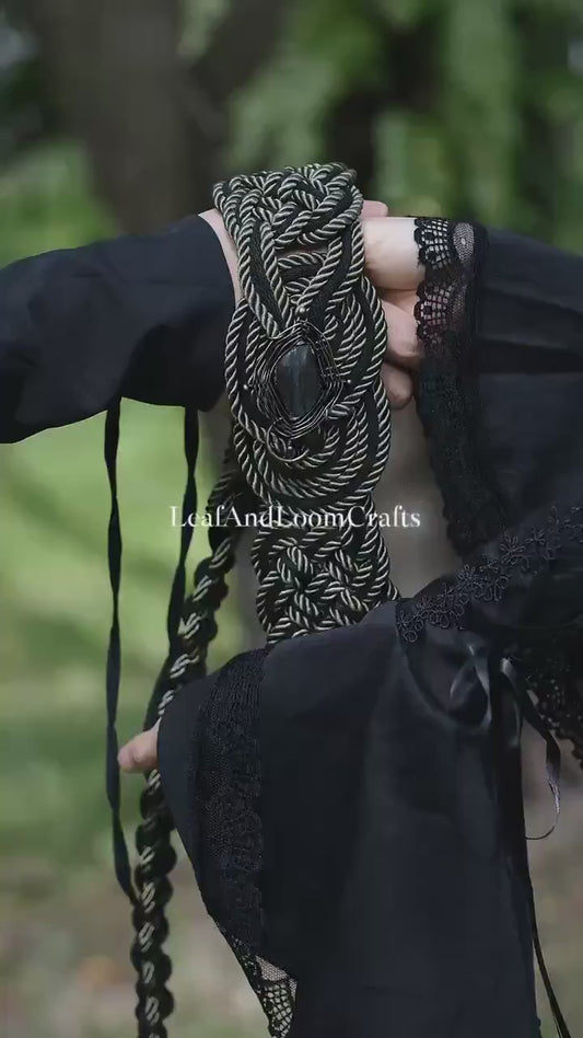 Custom braided Handfasting Cord, Black & Deep Green with Crystal Celtic Love Knot – Customizable Colors