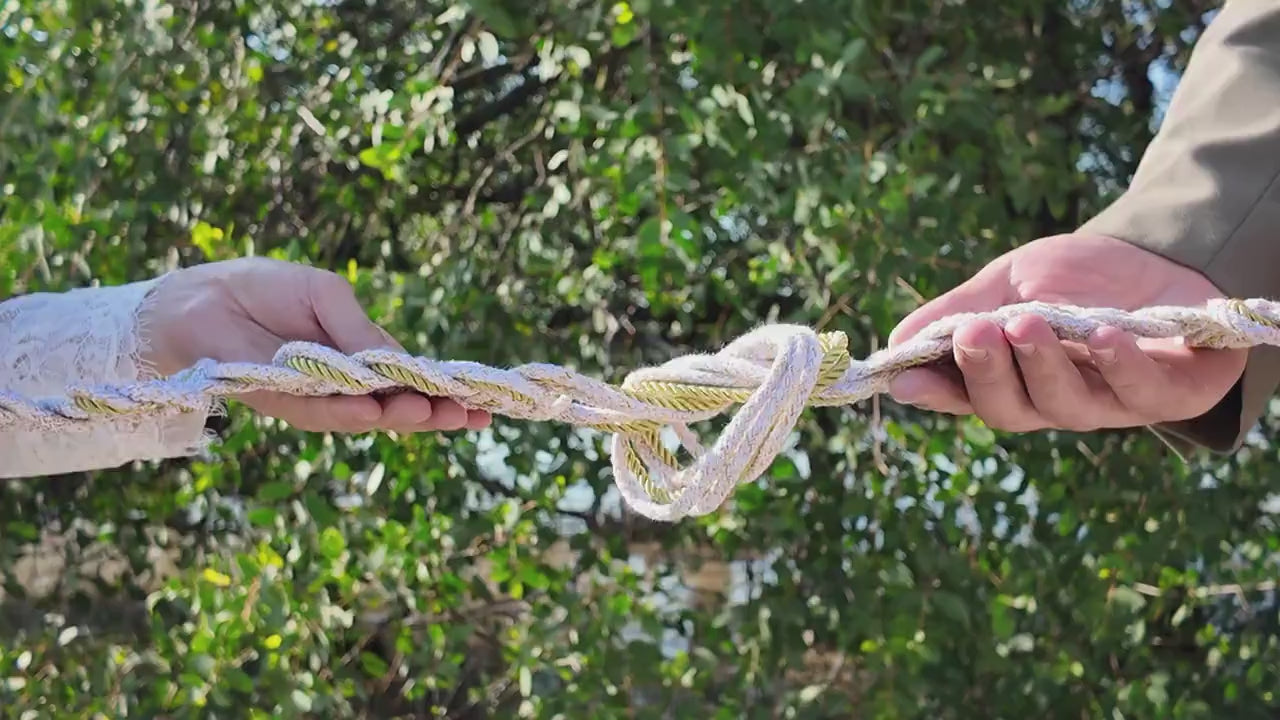 Custom braided Handfasting Cord: Open-Center Celtic Love Knot, Golden Horizon Ribbon – Customizable Colors
