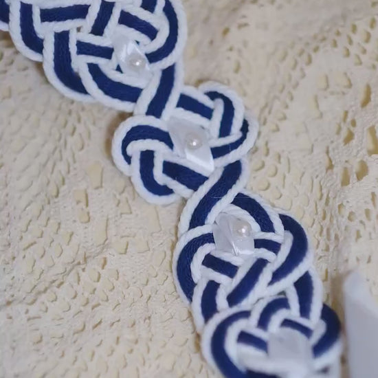 Pre-made Hand Braided Handfasting Cord: Navy and White with Celtic Nine Knots, Pearls