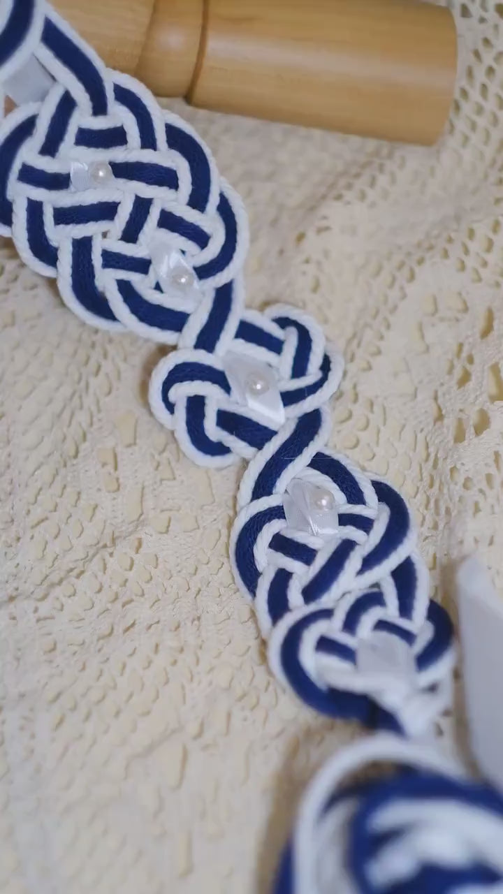 Pre-made Hand Braided Handfasting Cord: Navy and White with Celtic Nine Knots, Pearls