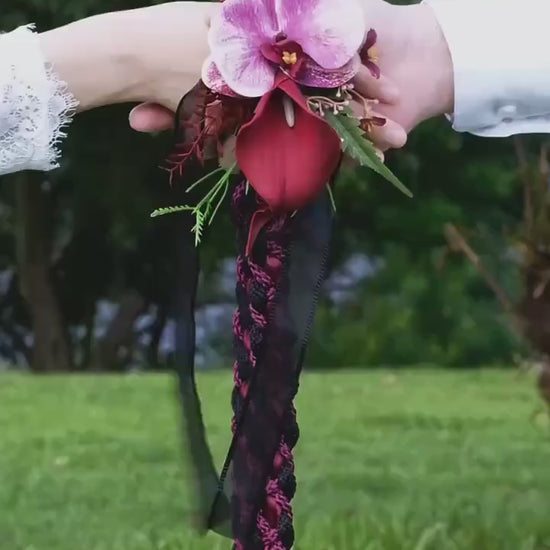 Pre-made Hand Braided Handfasting Cord: Black Burgundy Orchid Celtic Knot Wedding Ritual Tool