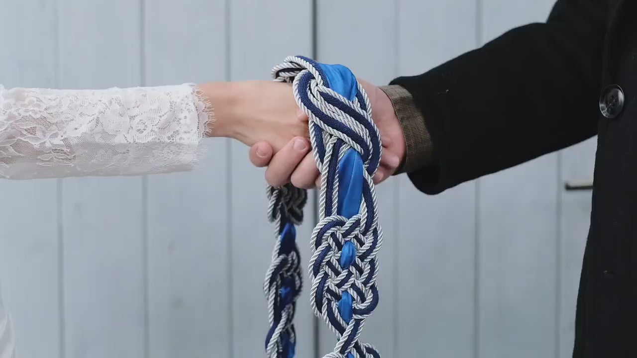 Custom braided Handfasting Cord: Royal Blue & Silver Unity Ribbon with Nine Knots – Customizable Colors