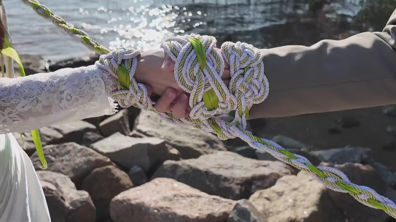 Custom braided Handfasting Cord: Sunlit Meadow with Satin Ribbon, Celtic Nine Knots – Customizable Colors