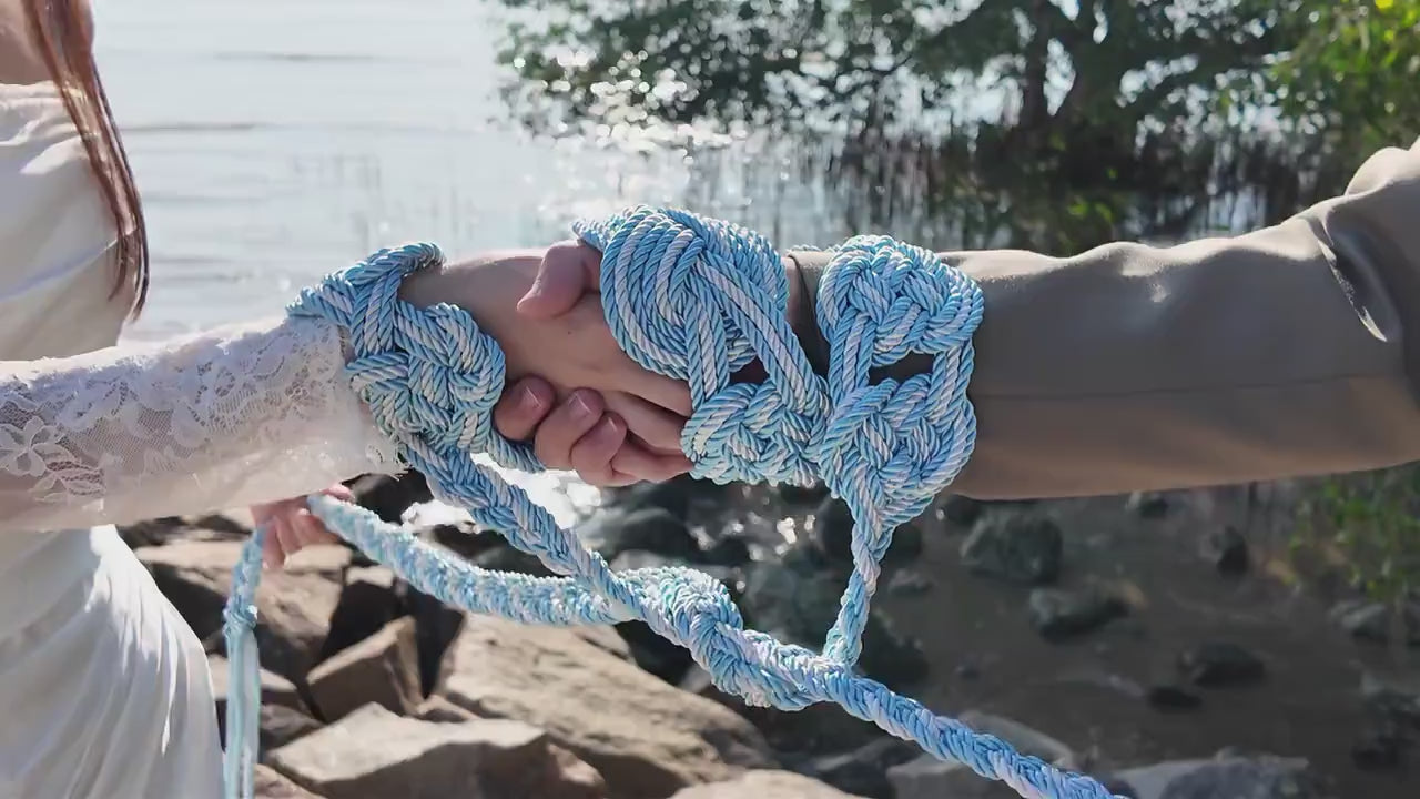 Custom braided Handfasting Cord: Silver & Light Blue with Celtic Nine Knots – Customizable Colors