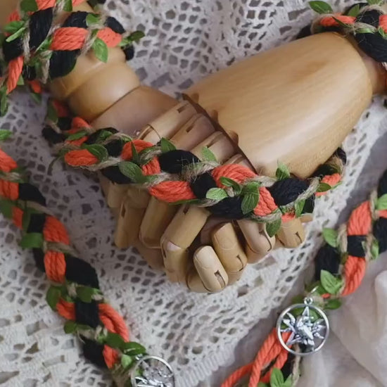 Pre-made Hand braided Handfasting Cord: Black and Orange cord with Green Vine