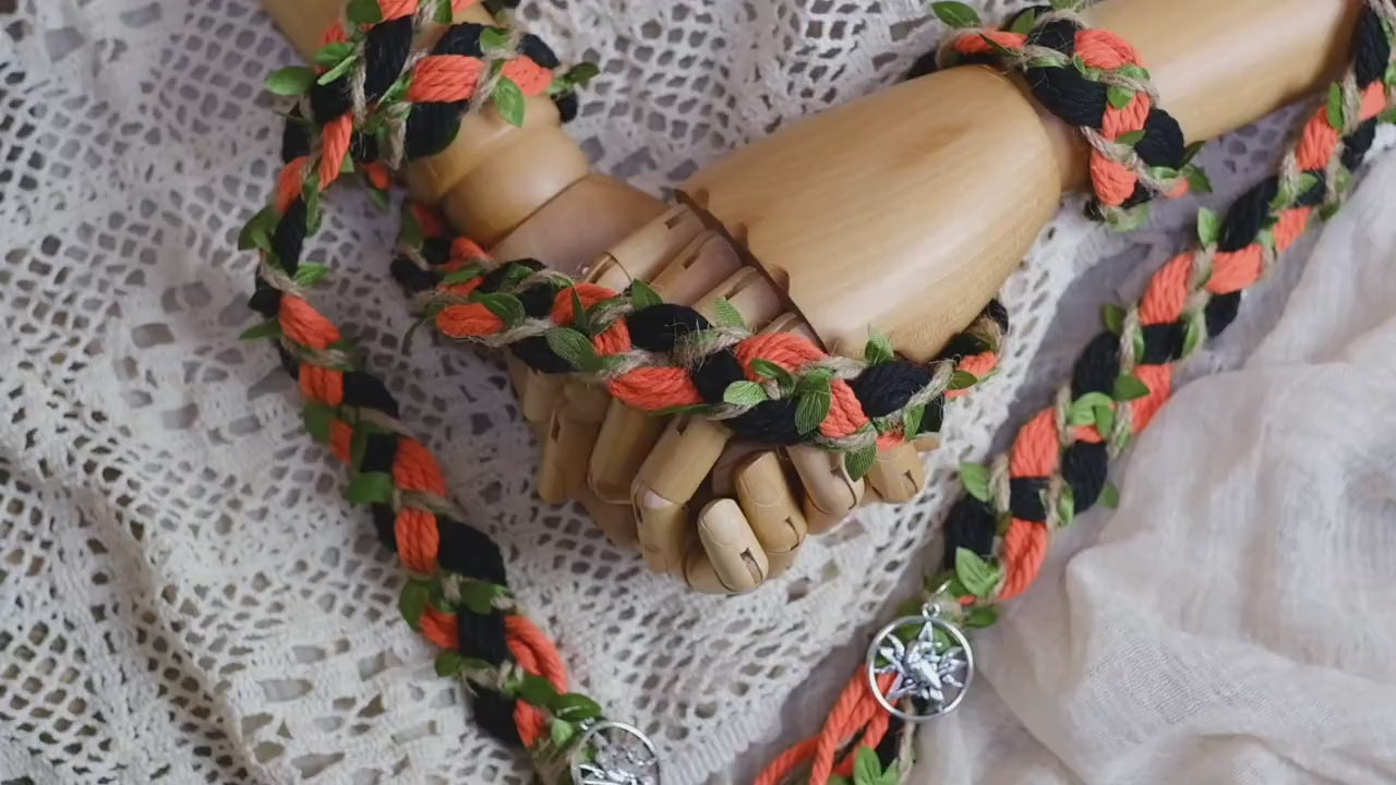 Pre-made Hand braided Handfasting Cord: Black and Orange cord with Green Vine