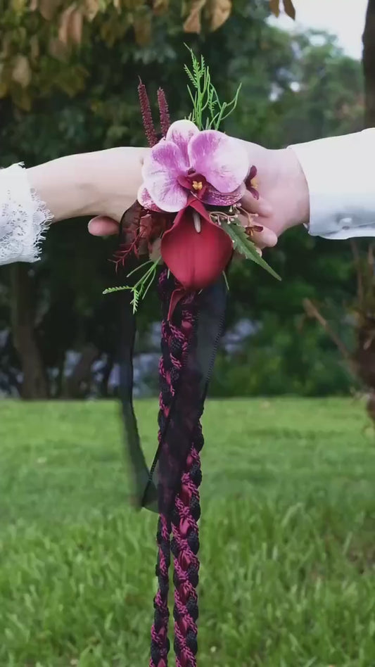 Custom Braided Handfasting Shimmer Cord: Black, Burgundy & Wine with Orchid, Celtic Knot – Customizable Colors