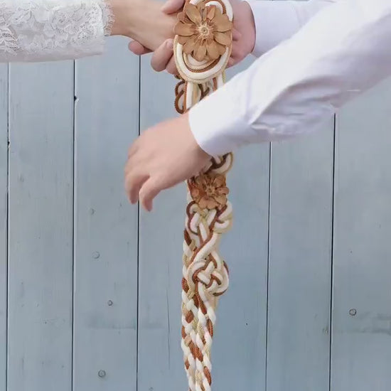 Custom braided Handfasting Cord: Cream & Caramel with Wooden Flower, Nine Knots – Customizable Colors