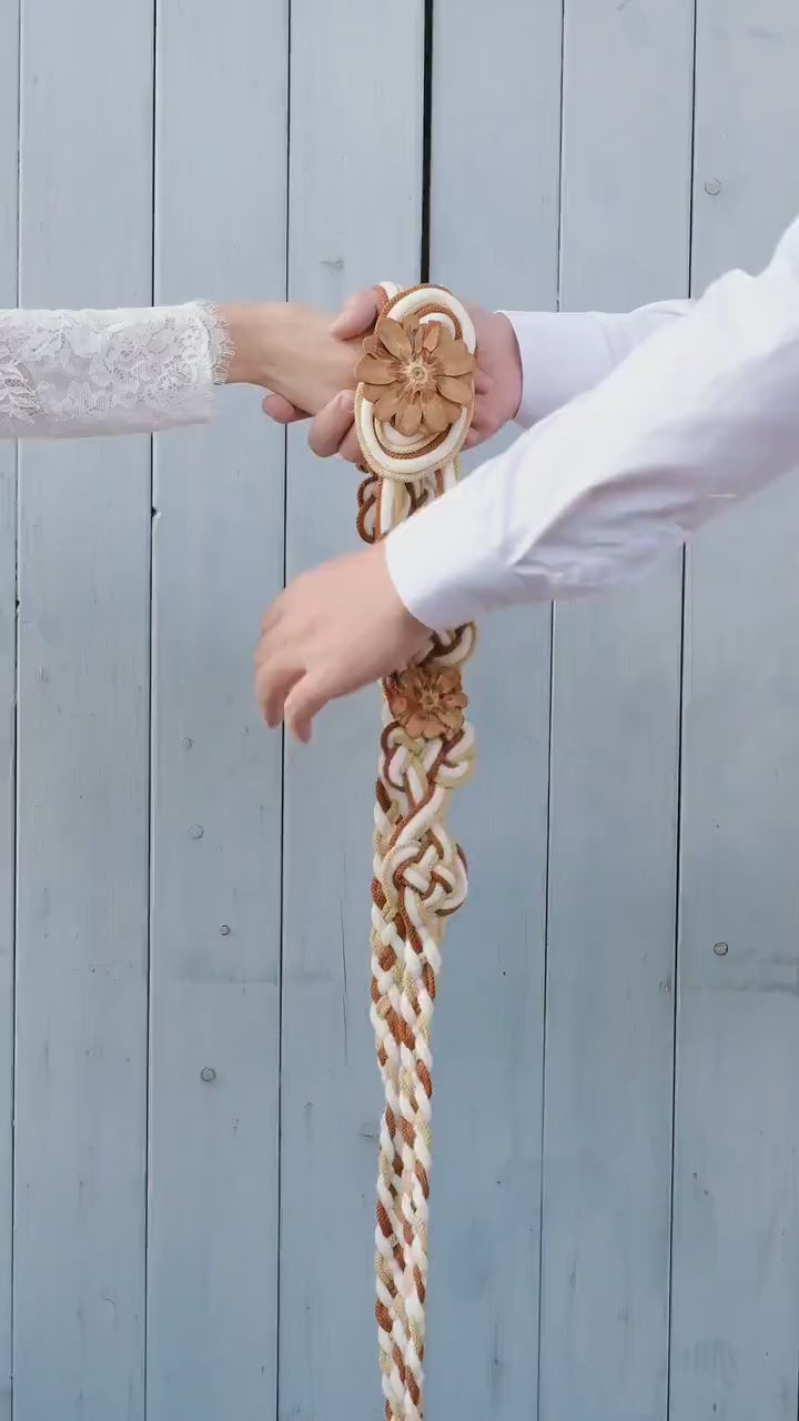 Custom braided Handfasting Cord: Cream & Caramel with Wooden Flower, Nine Knots – Customizable Colors