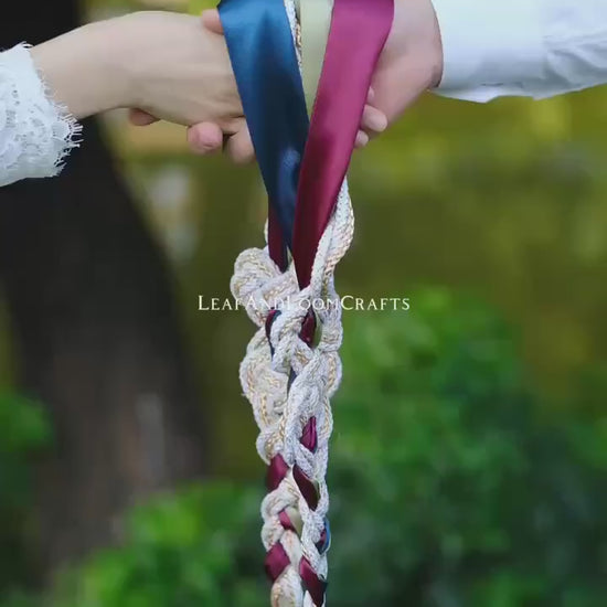 Custom braided Handfasting Cord: Open-Center Celtic Love Knot, Three-Color Satin Ribbons – Customizable Colors