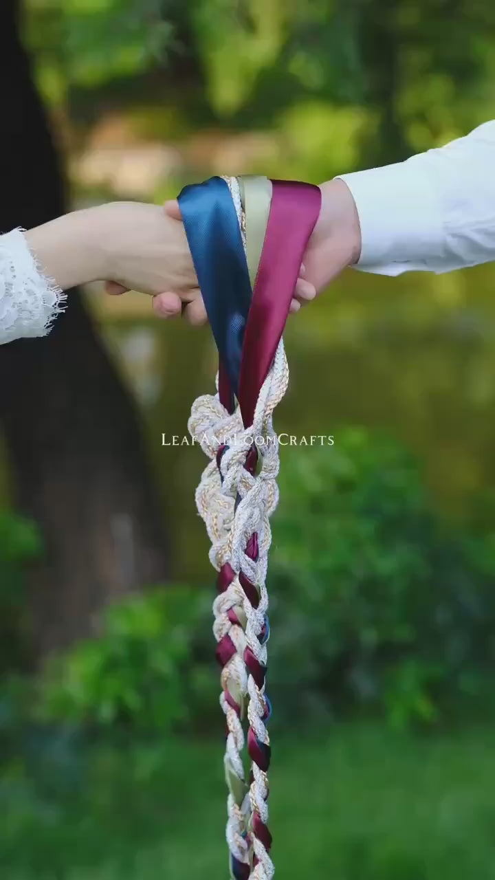 Custom braided Handfasting Cord: Open-Center Celtic Love Knot, Three-Color Satin Ribbons – Customizable Colors