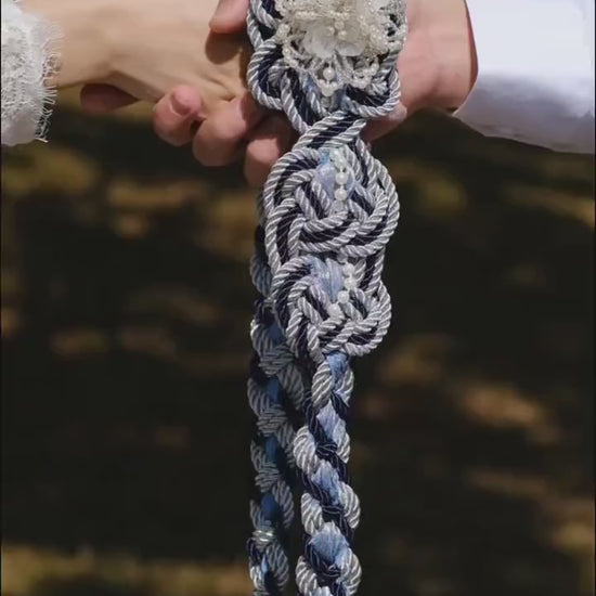 Custom Color Handfasting Cord – Hand-Beaded Pearl Flower, Shimmer Ribbon, Celtic Wedding Knot