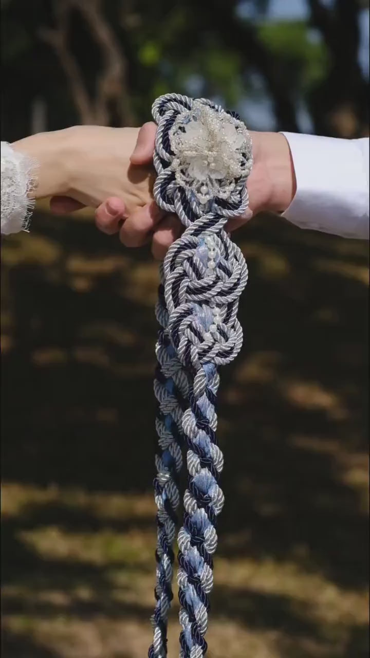 Custom Color Handfasting Cord – Hand-Beaded Pearl Flower, Shimmer Ribbon, Celtic Wedding Knot