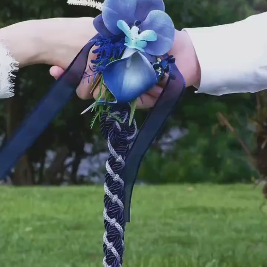 Custom Braided Handfasting Cord: Navy and Storm Grey with Orchid, Celtic Knot – Customizable Colors