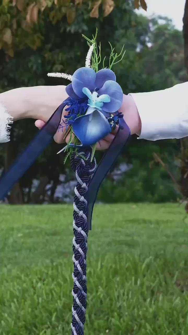 Custom Braided Handfasting Cord: Navy and Storm Grey with Orchid, Celtic Knot – Customizable Colors