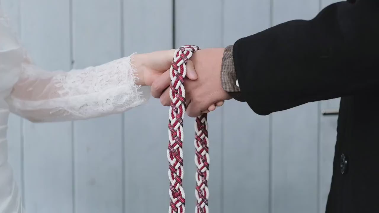 Custom braided Handfasting Cord: Scottish Tartan Plaid in Crimson Red and Ivory  – Customizable Colors
