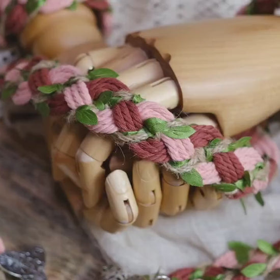 Custom braided Handfasting Cord: Blush Pink, Brown Cotton & Green Vine – Customizable Colors