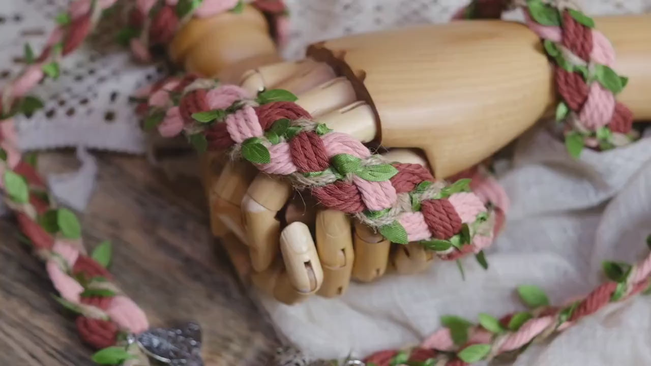 Custom braided Handfasting Cord: Blush Pink, Brown Cotton & Green Vine – Customizable Colors