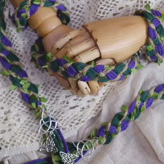 Custom braided Handfasting Cord: Purple & Dark Green with Vine– Customizable Colors