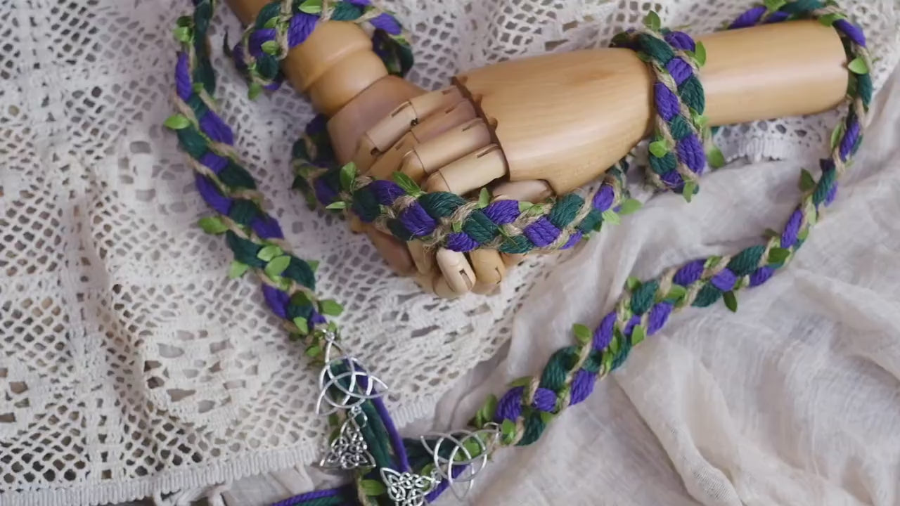 Custom braided Handfasting Cord: Purple & Dark Green with Vine– Customizable Colors