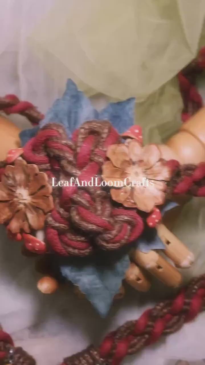 Pre-made Handmade Wedding Handfasting Cord: Red & Brown Braid with wood floral
